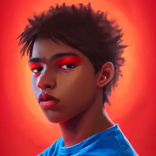 Image similar to colorful and festive captivating teenager with straight brown hair covering his eye, dark skin, big lips, big eyes, wearing a red t - shirt. rich vivid colors, ambient lighting, dynamic lighting, 4 k, atmospheric lighting, painted, intricate, highly detailed by charlie bowater