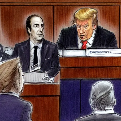 Prompt: saul goodman defending former president donald trump in court to a jury of mario party characters, courtroom drawing, sketch