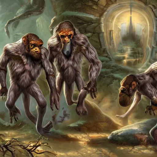 Image similar to fantasy art ultra detailed photo monkeys in fbi uniforms attacking a nursing home