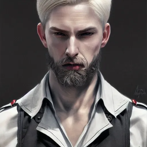 Prompt: portrait painting of a vampire police officer with pale skin short blond hair and a patchy beard, ultra realistic, concept art, intricate details, eerie, highly detailed, photorealistic, octane render, 8 k, unreal engine. art by artgerm and greg rutkowski