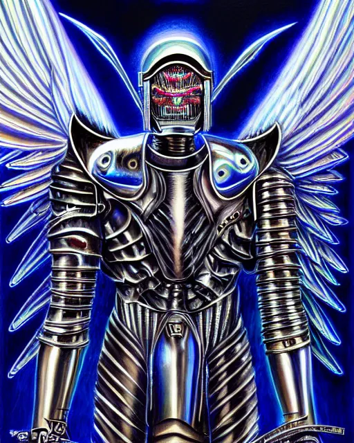 Image similar to Detailed Painting Of a Cyberpunk warrior Archangel knight brute in battle armor with metal metallic wings by Alex Grey