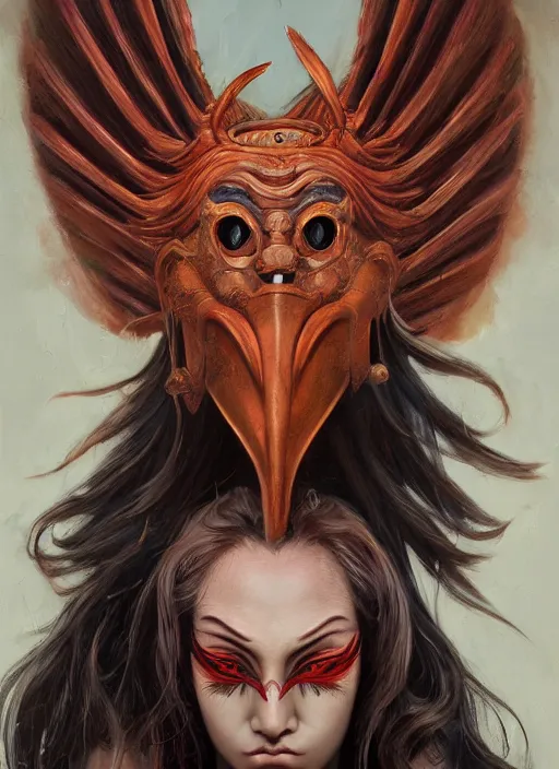 Prompt: a beautiful detailed oil on copper art illustration of a japanese tengu mask devil woman, elongated nose in the shape of a bird's beak, centered, by charlie bowater, zeng fanzh, trending on artstation, dim dusk lighting, cinematic lighting, detailed lighting, volumetric lighting, realistic, f 8, 4 k hd wallpaper