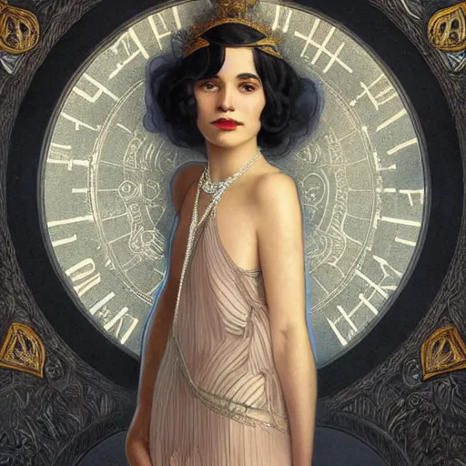 Image similar to full figure ultra realistic illustration, aurora perrineau wearing a 1 9 2 0 s flapper dress, 1 9 2 0 s hair, 1 9 2 0 s brooklyn, intricate, elegant, highly detailed, digital painting, artstation, concept art, smooth, sharp focus, illustration, art by artgerm and greg rutkowski and alphonse mucha