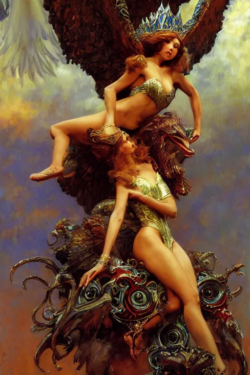 Image similar to full body portrait of harpie queen astride her throne, highly detailed painting by gaston bussiere, craig mullins, j. c. leyendecker, 8 k, mid shot