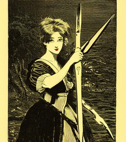 Image similar to 19th century wood-engraving of Ryūko Matoi cosplayer holding Scissor Blade, whole page illustration from Jules Verne book, art by Édouard Riou Jules Férat and Henri de Montaut, frontal portrait, high quality, beautiful, removed watermarks