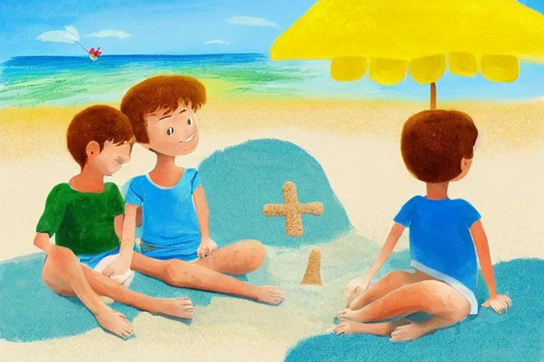 Image similar to Two happy children sitting on the beach making sandcastles, blue sky, HD, illustration by Benji Davies