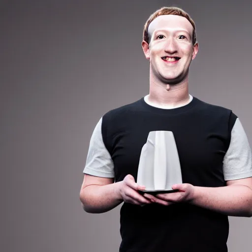 Image similar to Mark Zuckerberg as a restaurant waiter holding a coaster, EOS-1D, f/1.4, ISO 200, 1/160s, 8K, RAW, unedited, symmetrical balance, in-frame, Photoshop, Nvidia, Topaz AI