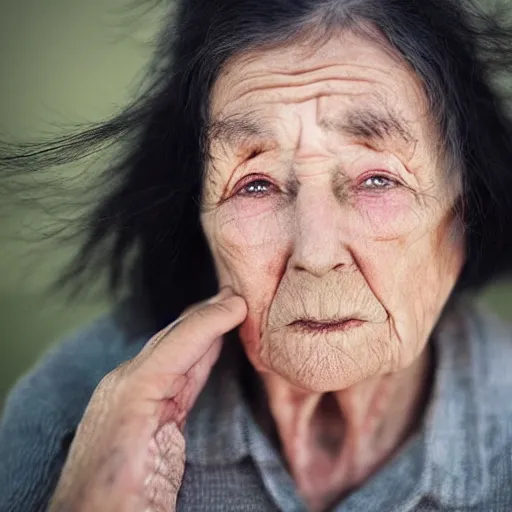 Prompt: an amazing award winning portrait photo of a old woman with black long hair, cinematic masterpiece