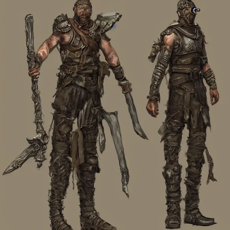 Image similar to full body+ face concept art of a post-apocalyptic roman mercenary in the style of high fantasy art trending on artstation deviantart Pinterest detailed realistic High Resolution HD 8k