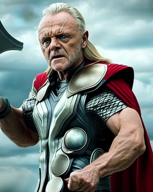 Prompt: Anthony Hopkins as Thor with hammer, in the movie Thor: Love and Thunder, cinematic drone photography