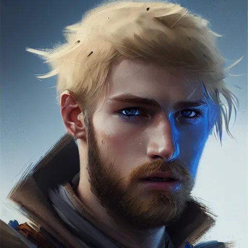 Image similar to a rugged young knight with blonde hair and blue eyes and a short beard and a scar under his left eye by Greg_Rutkowski, realistic, detailed, masterpiece, ArtStation