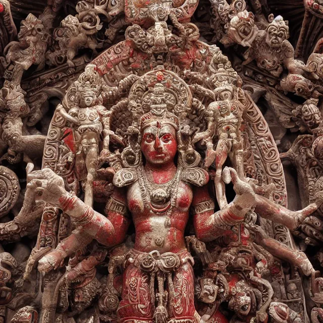 Image similar to temple made of flesh, hindu ornaments, blood god statue at the center, angel statues, 8 0's horror movie film still, highly detailed, symmetry, award - winning photography, 1 2 0 mm