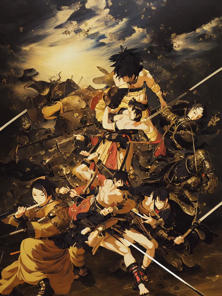 Image similar to baroque oil painting of key visual samurai battle, japanese armor, brutalist fantasy, realism, rule of thirds golden ratio, fake detail, trending pixiv fanbox, acrylic palette knife, style of makoto shinkai ghibli takashi takeuchi yoshiyuki sadamoto jamie wyeth james gilleard greg rutkowski chiho aoshima