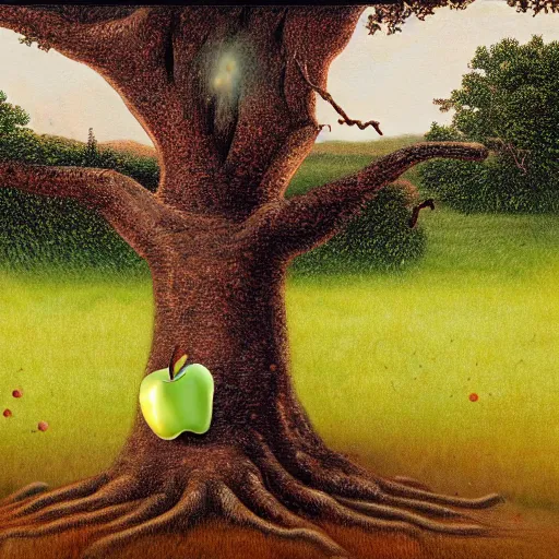 Prompt: a humanoid apple sitting under an oak tree being hit in the head by a falling Isaac Newton, hyper realistic, 4k