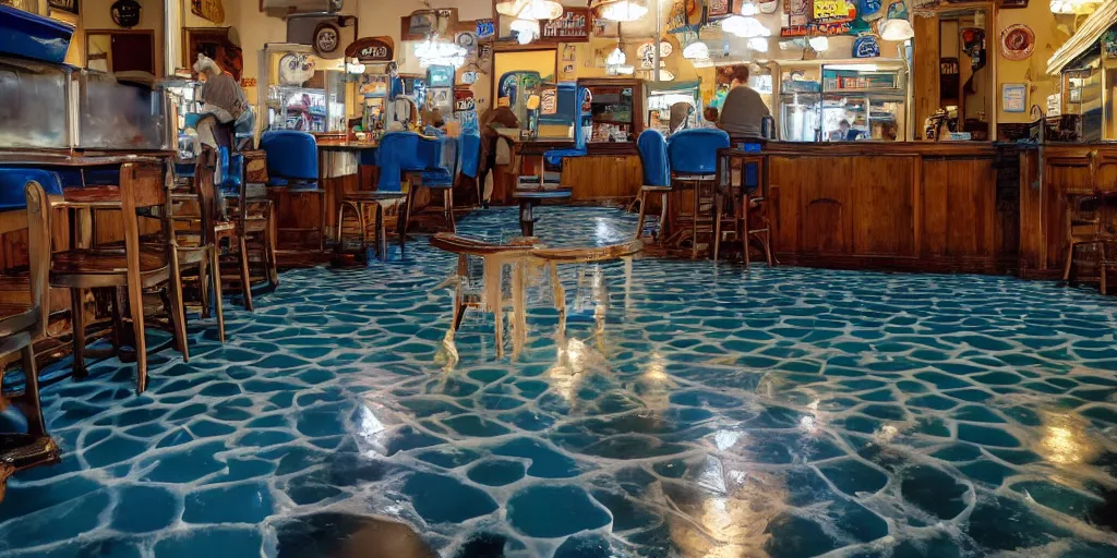 Image similar to inside a leaking freezer of melting ice cream cases is in an old fashioned ice cream parlor. the leak has made a colorful puddle of melted ice cream on the floor and is reminiscent to the shape of werewolf fangs. there is an eerie voluminous blue electric glow to the environment.