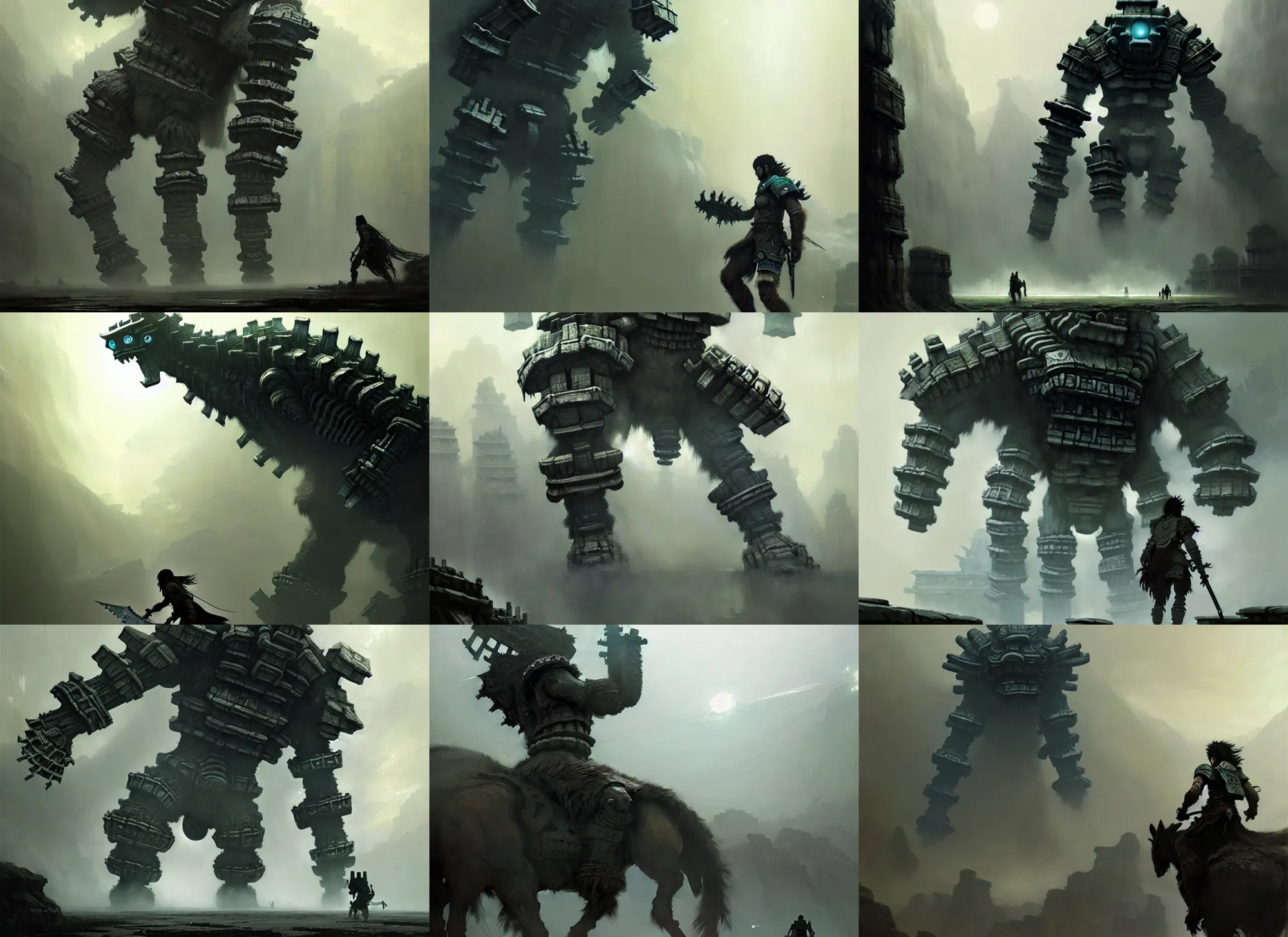 KREA - incredible screenshot of shadow of the colossus on PS5, dynamic  camera angle, deep 3 point perspective, fish eye, dynamic extreme  foreshortening of wander climbing a Colossus, by phil hale, ashley