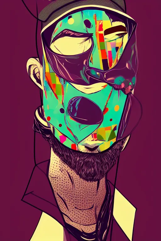 Image similar to random masked guy with blouse, pop art, aesthetic art, 8 k, asymmetrical, high details, digital painting, concept art, smooth, sharp focus, illustration, intricate, art by arstation and mimmo rottela, pixels art by paul robertson