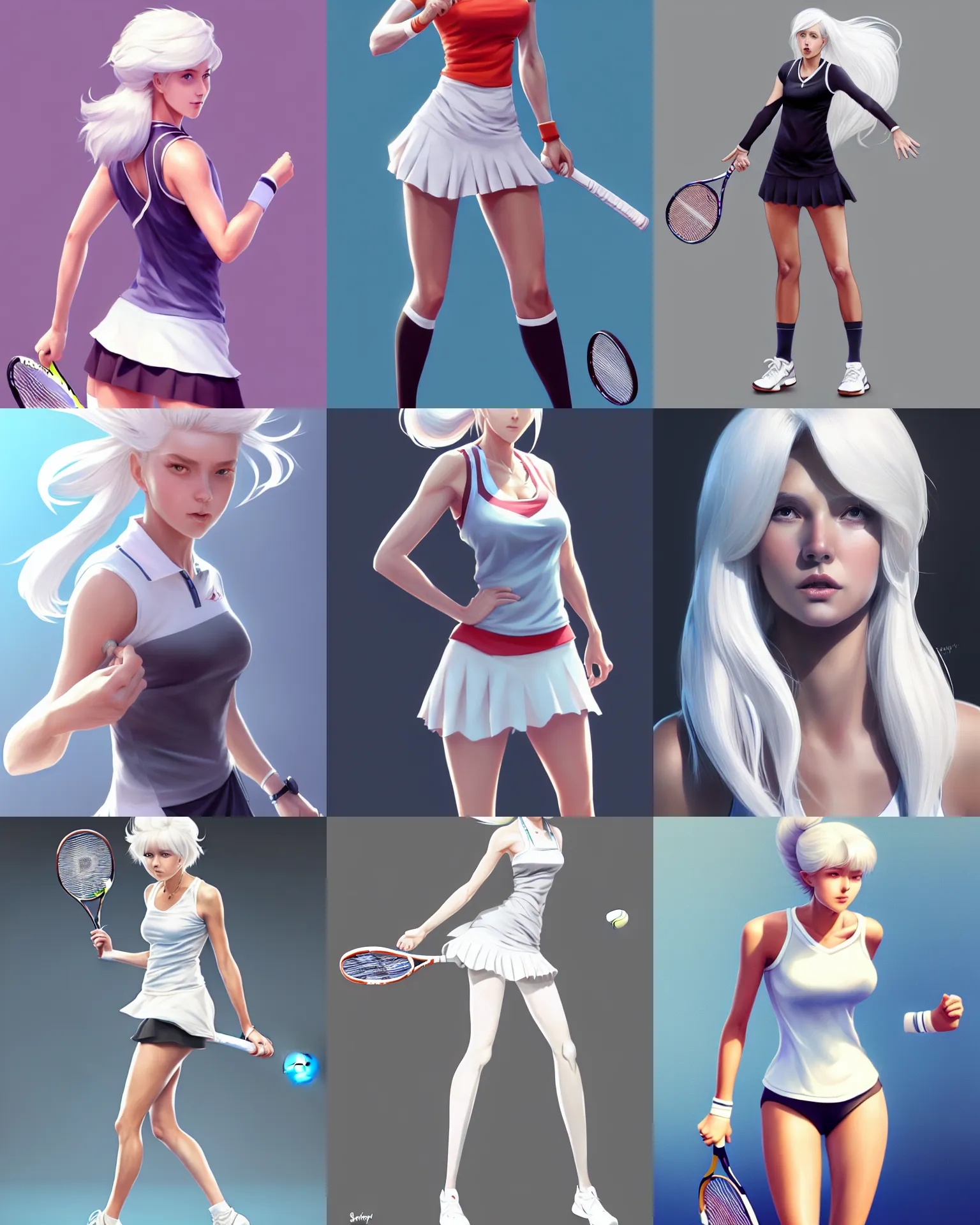 Prompt: full body character concept art of a gorgeous stylish white haired female tennis player | | distinct - fine, key visual, realistic shaded perfect face, fine details by stanley artgerm lau, wlop, rossdraws, james jean, andrei riabovitchev, marc simonetti, sakimichan, and jakub rebelka, trending on artstation