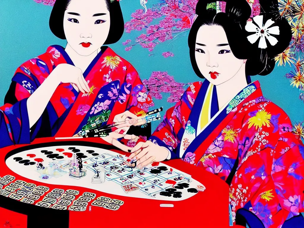 Image similar to hyperrealistic composition of the detailed woman in a japanese kimono sitting at a poker table with detailed darth vader, fireworks, beautiful mountain in the background, pop - art style, jacky tsai style, andy warhol style, acrylic on canvas