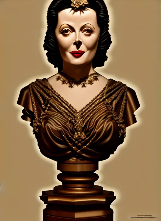 Image similar to high intricate bust of an hedy lamarr carved from wood in baroque style, studio light, maria panfilova, andrea savchenko, mike kime, ludovic plouffe, qi sheng luo, oliver cook, trending on artstation
