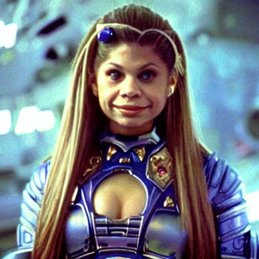 Prompt: promotional beautiful realistic portrait of <Danielle Fishel circa 1993> as <Topanga Lawrence the Space Priestess> in the new movie directed by <Tetsuya Nomura>, <heavily armored and brandishing sci-fi blaster>, <perfect face>, movie still frame, promotional image, imax 70 mm footage