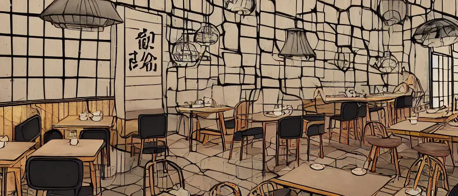 Prompt: a beautiful interior view illustration of a small roasted string hotpot restaurant of baota mountain in yan'an city, animation illustrative style, from china, restaurant wall paper is a tower on a mountain, rectangle white porcelain table, black chair, simple style structure decoration design, victo ngai, james jean, 4 k hd