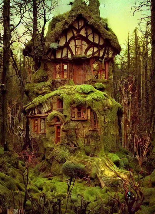 Image similar to hyper realistic witch cottage rococo in the woods gorgeous lighting, highly detailed, lush forest painting by zdzisław beksinski and norman rockwell and greg rutkowskiweta studio, and lucasfilm