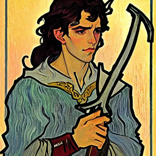 Image similar to painting of young handsome beautiful paladin elf!! man with long! dark hair, elf paladin fighting goblins with his sword, armor, modest, art by alphonse mucha, vincent van gogh, egon schiele,