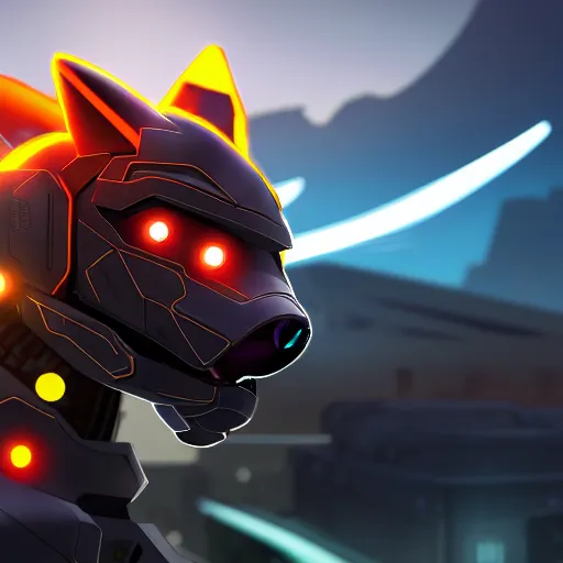 Image similar to highly detailed cinematic shot of a mecha canine, sharp claws, sleek armor, glowing visor, charging through city, digital art, furry art, furaffinity, deviantart, dragon art