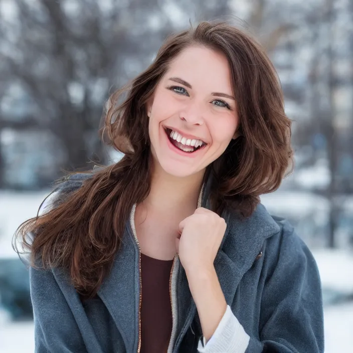 Image similar to a beautiful girl from minnesota, brunette, joyfully smiling at the camera opening her brown eyes. thinner face, irish genes, dark chocolate hair colour, wearing university of minneapolis coat, perfect nose, morning hour, plane light, portrait, minneapolis as background. healthy, athletic, in her early 2 8 s