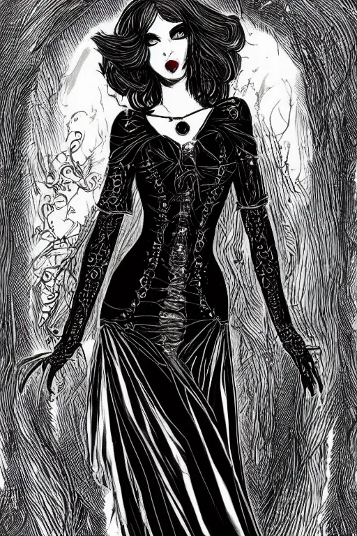 Prompt: pretty gothic sorceress wearing a tight dress with illustrious details, jewelry, ornated clothing, attractive, character concept