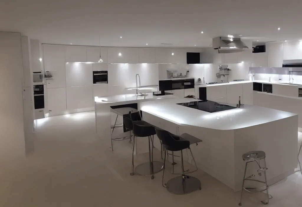 Image similar to modern kitchen with led strip lighting, homes and gardens, super detailed render, award winning,