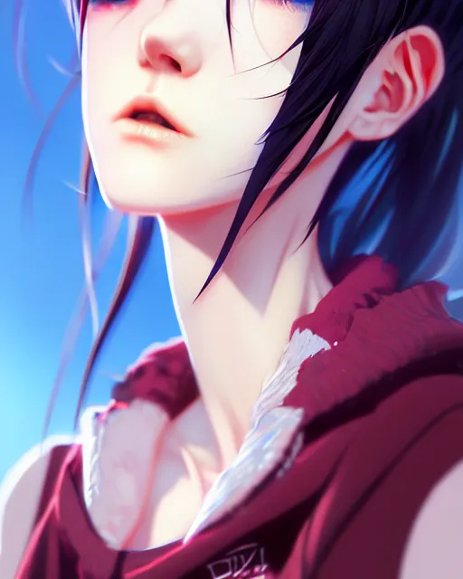 Prompt: full very close up neck shot of a beautiful loner girl, in tshirt, demented, russian, by saruei and guweiz and ilya kuvshinov and range murata, digital art, highly detailed, intricate, sharp focus, trending on artstation hq, deviantart, pinterest, unreal engine 5, 4 k uhd image