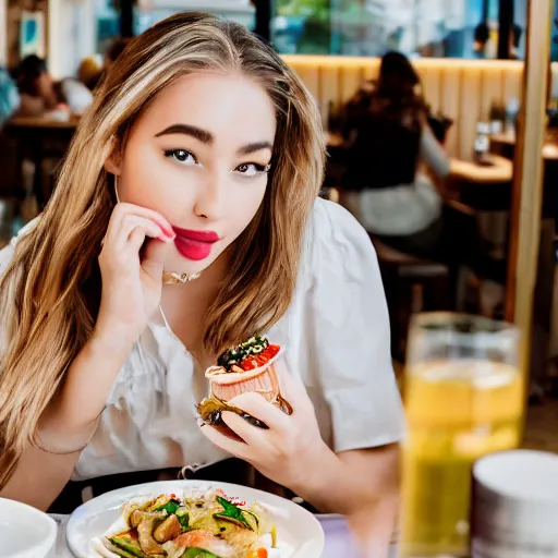 Prompt: The influencer EnjoyPhoenix dining in a Canadian restaurant called Lapinou. Hyperrealistic sharp photo, sigma 1/6. 50 mm