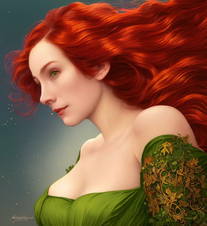 Prompt: portrait of a red haired woman wearing a green satin dress with fine gold filigree, autumn leaves falling, dramatic volumetric lighting, god rays, global illumination, soft, sharp focus, ivy, intricate, elegant, masterpiece, moss, trending on artstation, art nouveau, art by artgerm and greg rutkowski and alphonse mucha