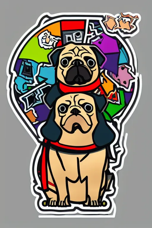 Image similar to Pug as war criminal, sticker, colorful, illustration, highly detailed, simple, smooth and clean vector curves, no jagged lines, vector art, smooth