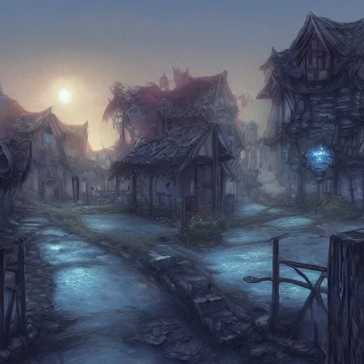 Prompt: A dilapidated foggy village inhabited by black mages as seen in final fantasy 9 Vivi, digital painting, concept art, artstation