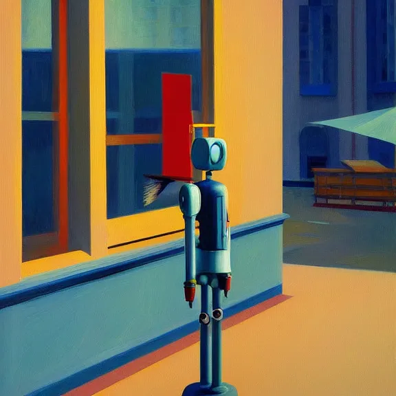 Image similar to beautiful illustration of a robot painting an artwork on a canvas with a paintbrush by Edward Hopper, clean lines, very detailed, colorful octane render