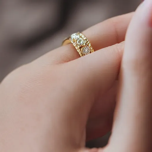 Prompt: super detailed studio photo of golden ring on female finger on female hand, macro