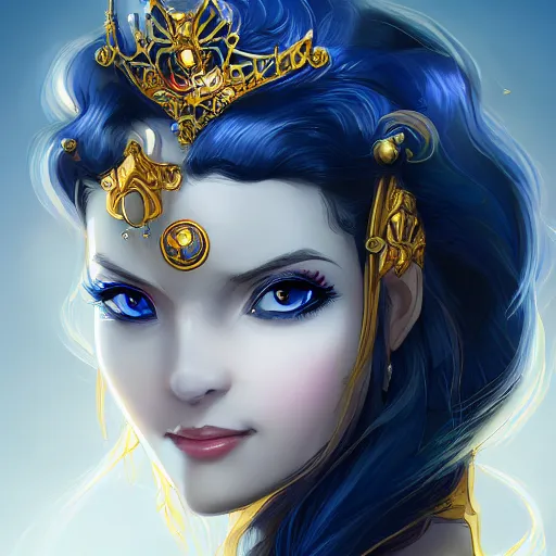Prompt: a photographic portrait of an heroic fantasy 30 years old princess with a deep blue sapphire and gold diadem, warmer colours, by Zhang Jigna, canon 50mm, artstation