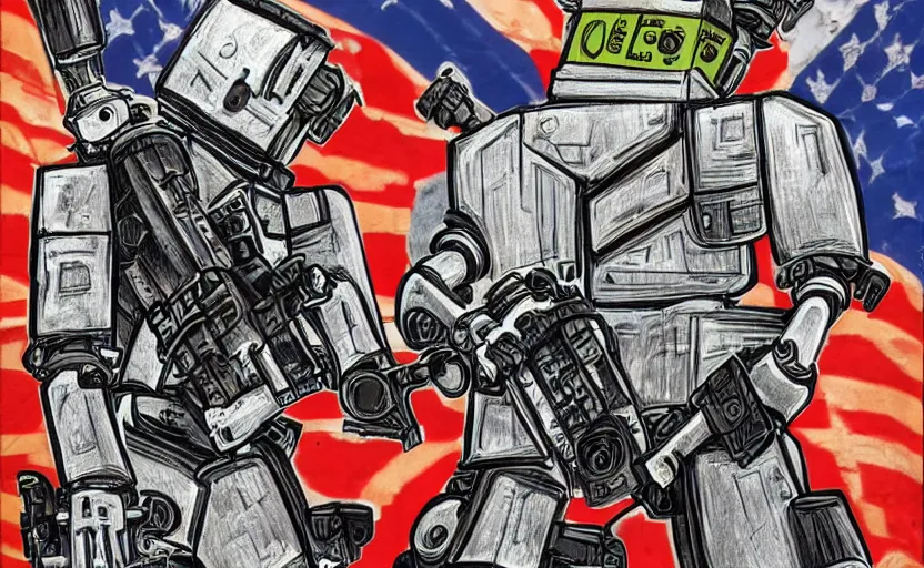 Prompt: robot made of guns, gritty, goes hard, america, poster, detailed, award winning, iconic, ww 3,