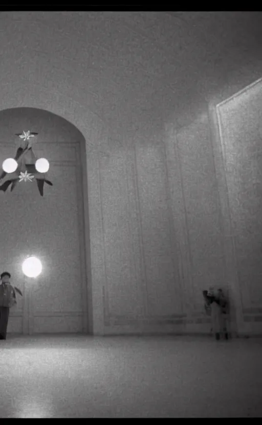 Image similar to light coming out of one starfish - like kaiju anthropomorphic monster, korean film noir by kim jong - il, korean traditional palace, pyongyang city, 1 9 6 0 s, red color bleed, 4 k, video compression, video glitch, monochrome, akira kurosawa, mamoru oshii, wes anderson, stanley kubrick