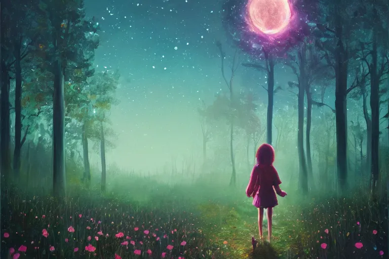 Image similar to giant daisy flower head, girl walking in a moonlit forest, hills, surreal photography, dark night, star trails, dramatic light, impressionist painting, clouds, digital painting, artstation, simon stalenhag