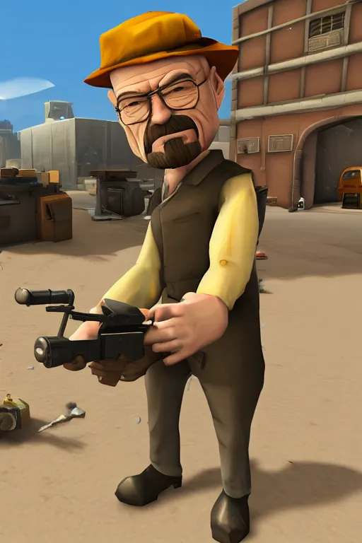 Prompt: Walter White in Team Fortress 2 firing a minigun, in the style of TF2, Gameplay