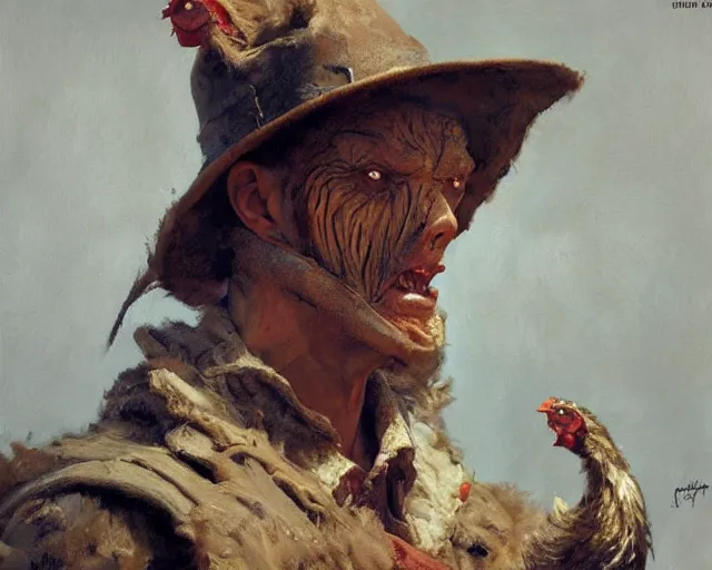 Image similar to portrait of a scary man dressed as a chicken, highly detailed painting by gaston bussiere, craig mullins, j. c. leyendecker 8 k