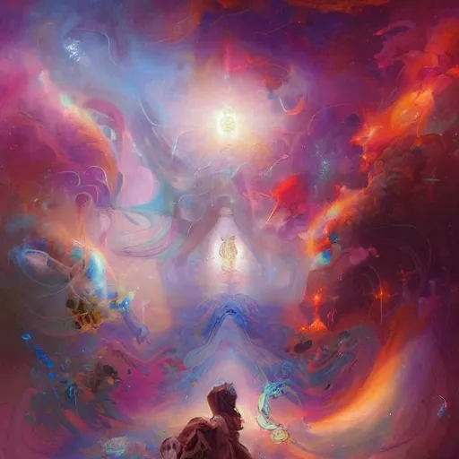 Prompt: Your mind is a holographic projection of the Universe, an endless tapestry of interwoven thoughts and experiences. Every thought, every emotion, every sensation is a strand in the great web of life. vivid acrylic impasto painting by peter mohrbacher and andreas rocha