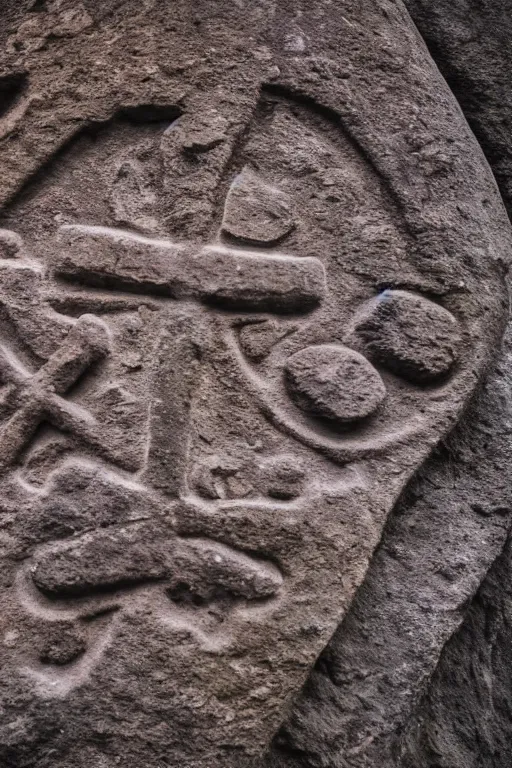 Image similar to 4 k photography of petroglyphs representing crosses, ufo, yin yang symbol on a cave