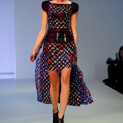 Image similar to runway model wearing a dress designed by luigi serafini