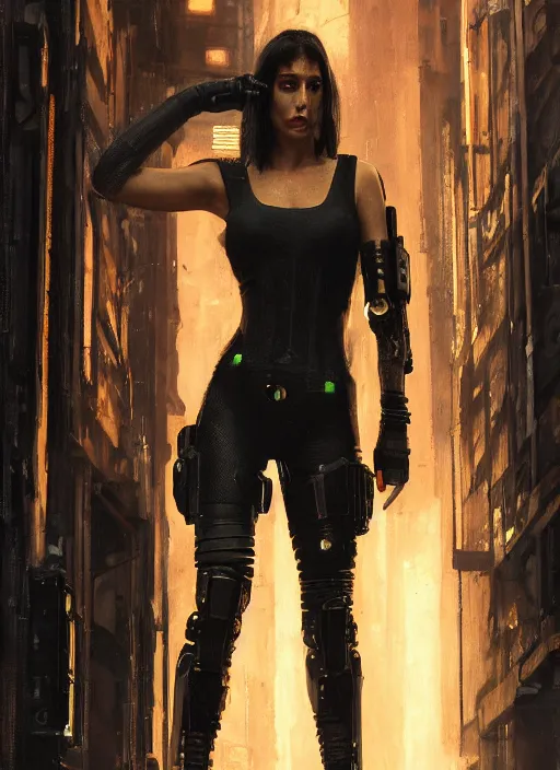 Image similar to Sonya Lopez. Cyberpunk hitwoman wearing military vest walking through nightclub (blade runner 2049, cyberpunk 2077). Orientalist portrait by john william waterhouse and James Gurney and Theodore Ralli and Nasreddine Dinet, oil on canvas. Cinematic, hyper realism, realistic proportions, dramatic lighting, high detail 4k