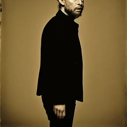 Image similar to Thom Yorke, Thom Yorke, with a beard and a black jacket, a portrait by John E. Berninger, dribble, neo-expressionism, uhd image, studio portrait, 1990s